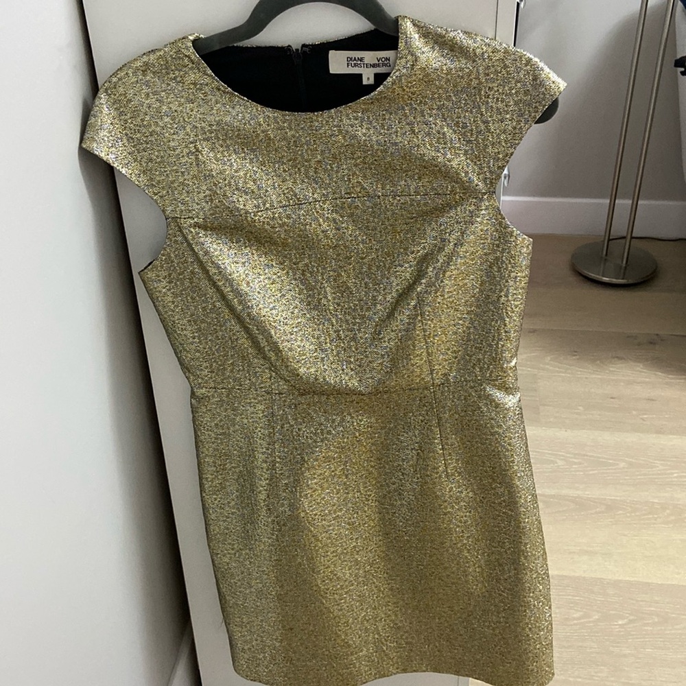 Gold with silver DVF cap sleeve cocktail dress.